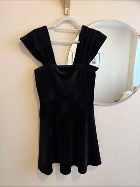 Express Black Velvet Mini Dress with Wide Pleated Straps